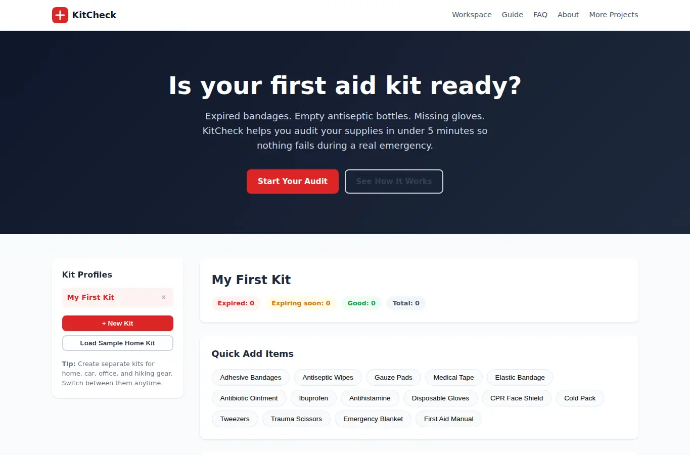 Screenshot of KitCheck: First Aid Kit Inventory & Expiry Tracker interface showing the project page in use